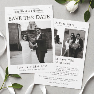 Reserva La Fecha Elegante Boda de Foto en Blanco y Negro de Periódi