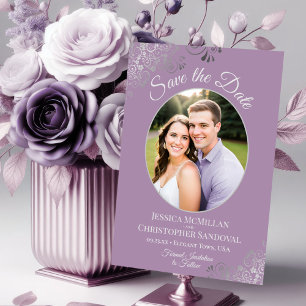 Reserva La Fecha Elegante Boda de Foto Ovalada de Lavanda y Plata
