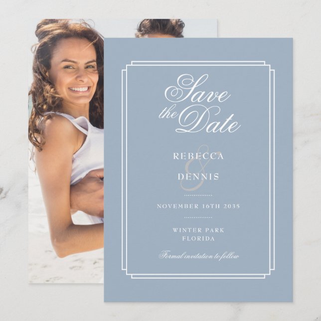 Reserva La Fecha Elegante Boda de fotografía de estilo Art Deco azu (Anverso / Reverso)