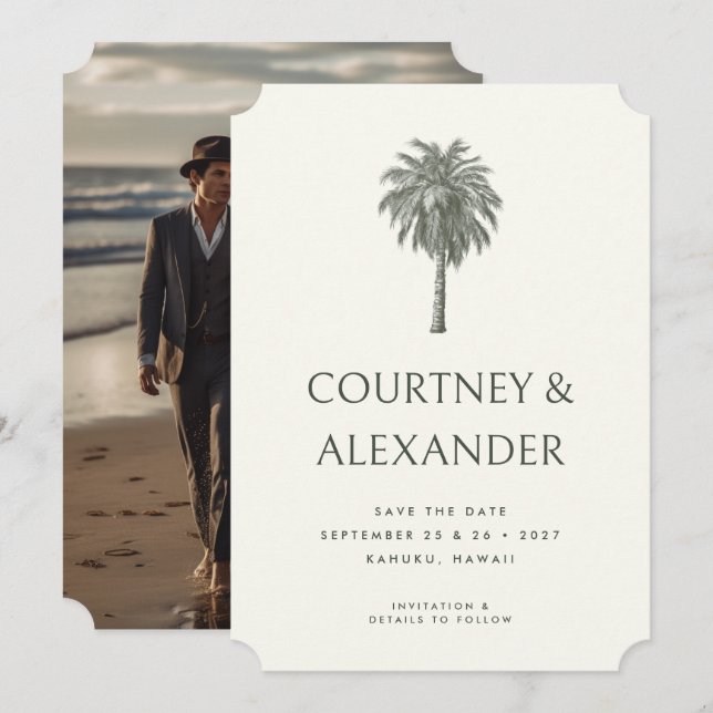 Reserva La Fecha Elegante Boda de fotografía de palma tropical vint (Anverso / Reverso)