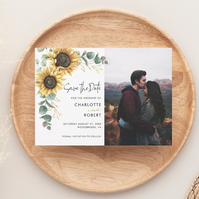 Reserva La Fecha Elegante Boda de fotografía floral de girasol (Watercolor Sunflower Photo Wedding Save the Date)