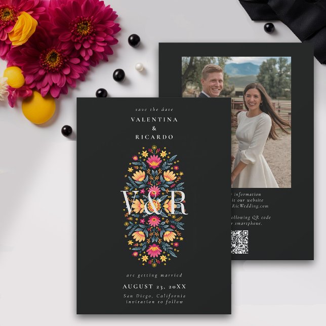 Reserva La Fecha Elegante Boda de fotografía QR floral moderna mexi (mexican wedding save the date fiesta rancho mexico hacienda floral elegant modern qr code photo)