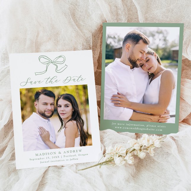 Reserva La Fecha Elegante Boda de fotografía Sage Green Bow (Subido por el creador)