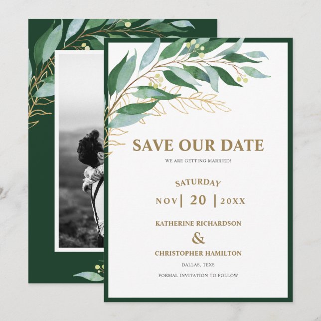 Reserva La Fecha Elegante Boda de fotografía verde del bosque de fo (Anverso / Reverso)