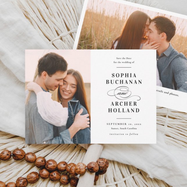 Reserva La Fecha Elegante Boda de fotografías en blanco y negro (Elegant Type Black and White 2 Photo Wedding Save the Date Announcement Card with Wedding Website.)