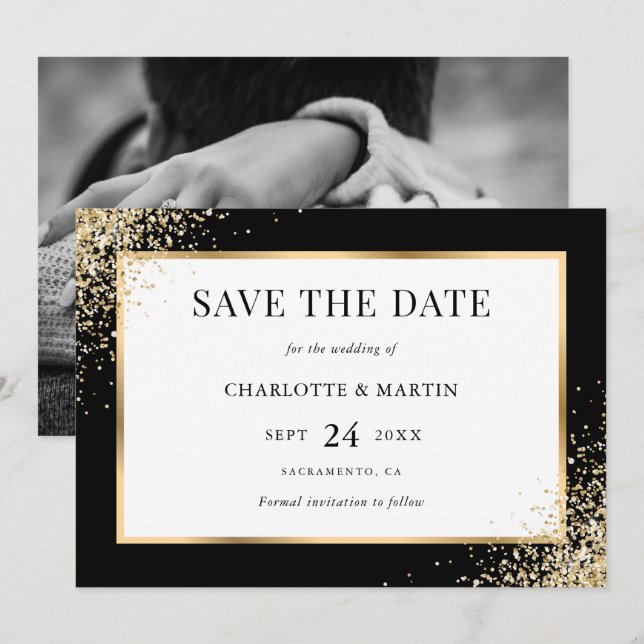 Reserva La Fecha Elegante Boda de fotografías en negro y oro (Anverso / Reverso)