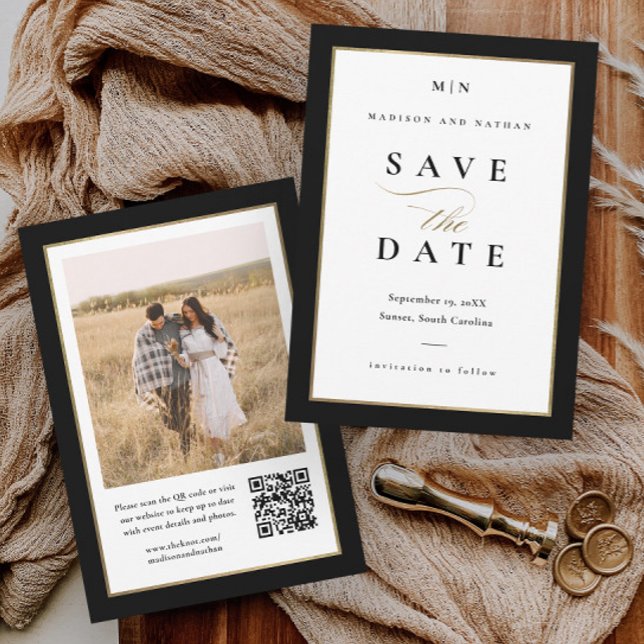 Reserva La Fecha Elegante Boda de fotografías en negro y oro (Elegant black and white photo wedding save the date with gold frame and QR code.)
