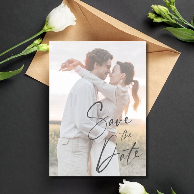 Reserva La Fecha Elegante Boda de fotografías moderno de escritura (Elegant Script Modern Photo Wedding Save The Date)