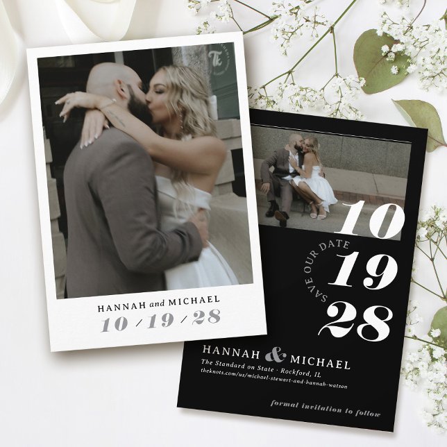 Reserva La Fecha Elegante Boda de fotos blanco negro simple y moder (Black and white simple elegant modern photo minimalist typography wedding invitation save the date)