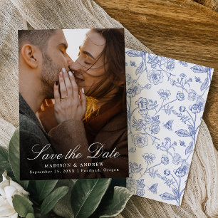 Reserva La Fecha Elegante Boda de Fotos Chinoiserie Azul