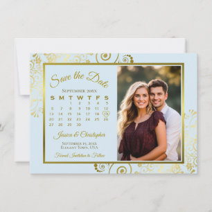 Reserva La Fecha Elegante Boda de fotos del calendario azul y oro e