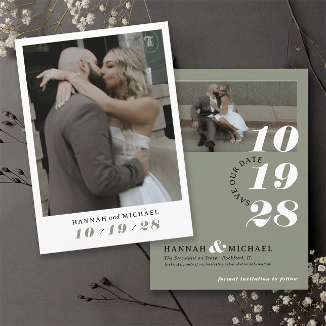 Reserva La Fecha Elegante Boda de fotos Sage Sage Moderno Sage Gree (Sage green, black and white photo simple elegant modern minimalist wedding invitation save the date)