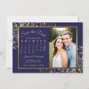 Reserva La Fecha Elegante Boda de fotos y calendario azul y dorado