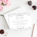 Reserva La Fecha Elegante Boda de glamour de época plateada<br><div class="desc">Elegante matrimonio de inspiración vintage salva las invitaciones de fecha un diseño de borde decorativo de color platino gris / plateado que tiene un aspecto de textura de shimmer metálico. El Luxe Pearl Shimmer cardstock realza el aspecto metálico de los colores dorados.</div>