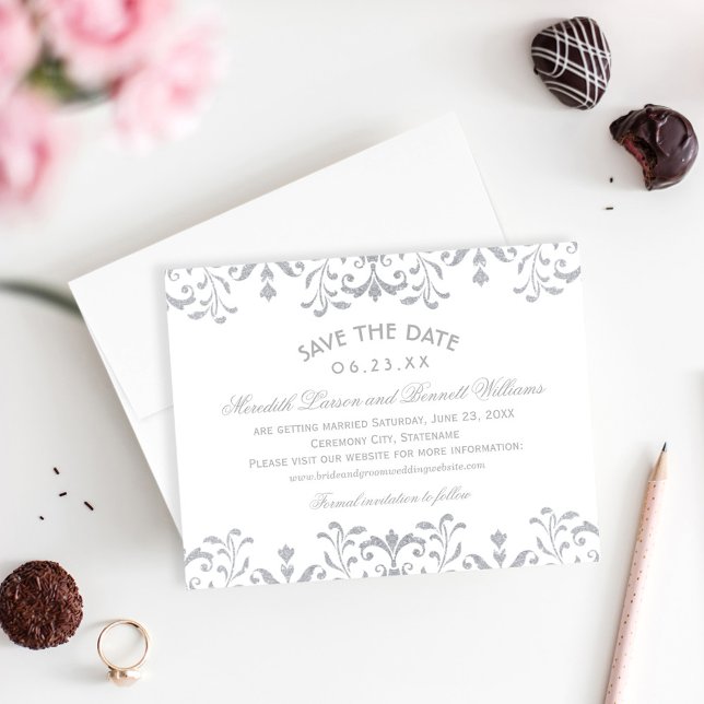 Reserva La Fecha Elegante Boda de glamour de época plateada (Subido por el creador)