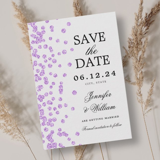 Reserva La Fecha Elegante Boda de guión Confetti Purple (Elegant Script Wedding Confetti Purple Save The Date)