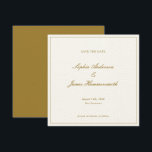 Reserva La Fecha Elegante Boda de guión de marco ocres de oro forma<br><div class="desc">Elegante, formal y elegante Boda cuadrada Guardar la fecha con tipografía de escritura para los nombres de la pareja, fondo blanco, un marco elegante en la parte delantera y un dorado respaldo ocre. El papel predeterminado es un papel de color crema grueso, pero puede cambiarlo en el menú principal del...</div>