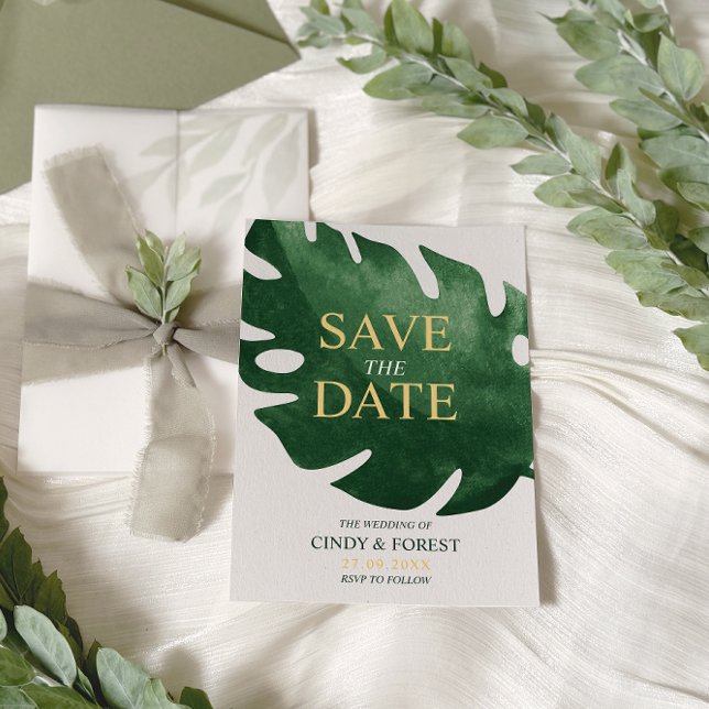 Reserva La Fecha Elegante Boda de Hoja Tropical Verde de Monstera (Subido por el creador)