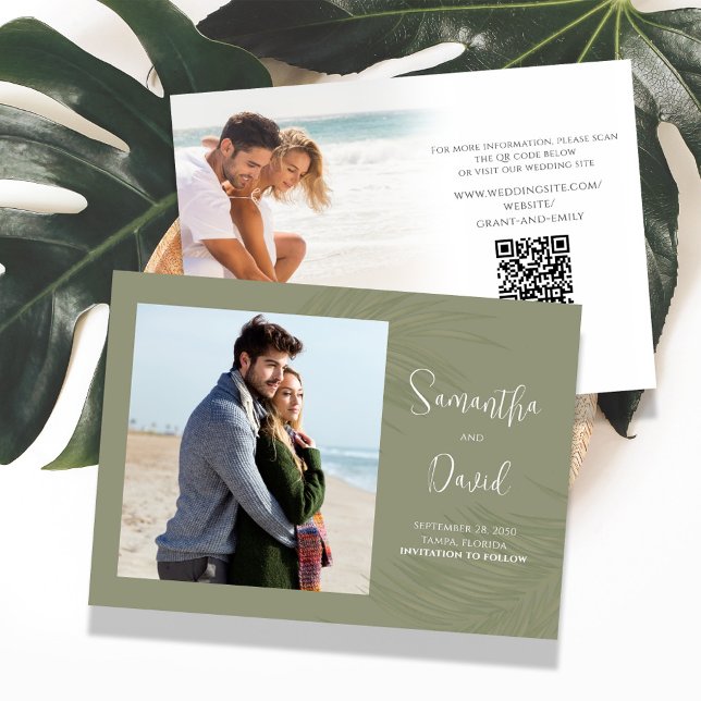 Reserva La Fecha Elegante Boda de hojas de palmeras verdes (Beautiful green Palm Leaves Save the Date photo card with QR code. )