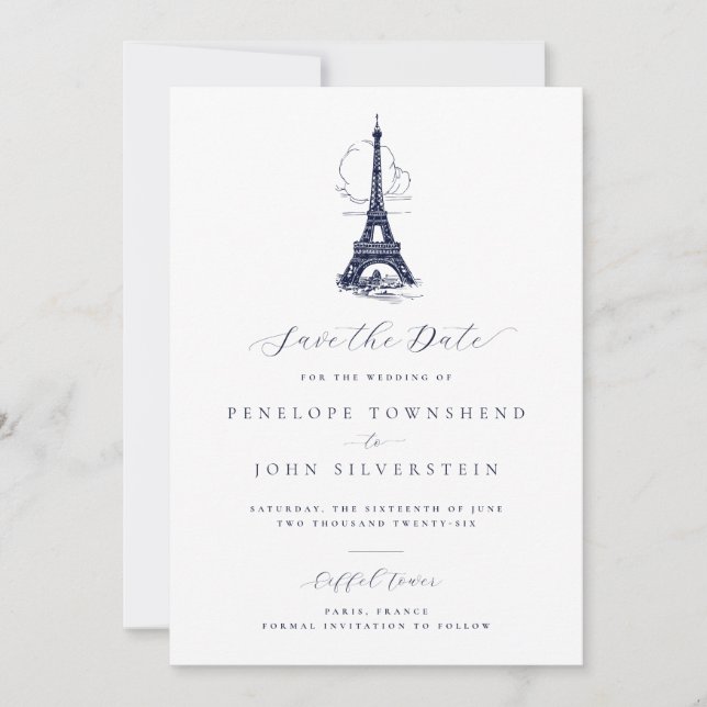 Reserva La Fecha Elegante Boda de Ilustracion de la Torre Eiffel (Anverso)