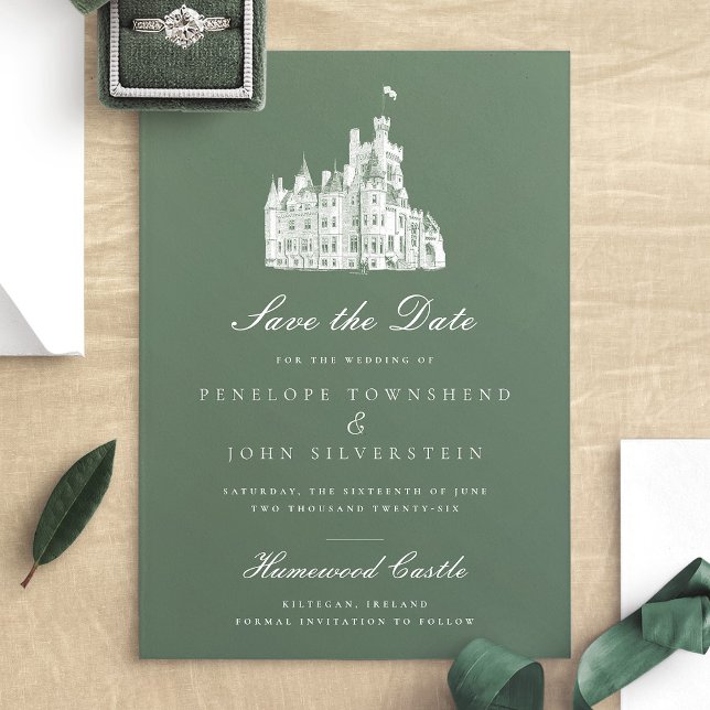 Reserva La Fecha Elegante Boda de Ilustracion del Castillo Verde (Elegant Green Vintage Castle Illustration Wedding Save The Date)