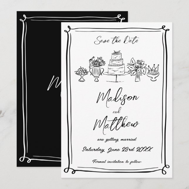 Reserva La Fecha Elegante Boda de Ilustraciones dibujados a mano (Anverso / Reverso)