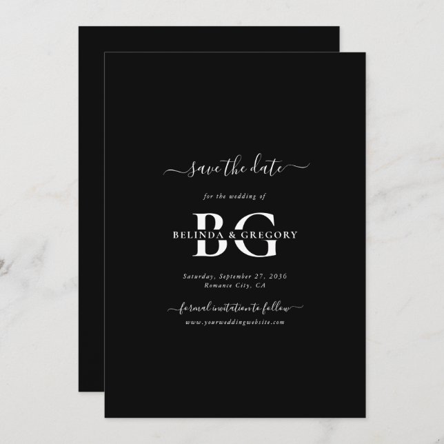 Reserva La Fecha Elegante Boda de Iniciales de Monograma Blanco y N (Anverso / Reverso)