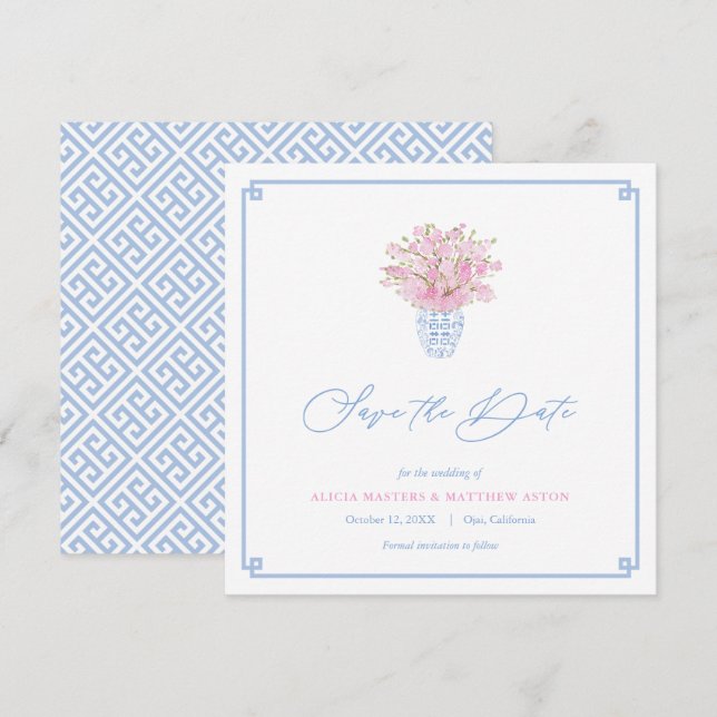 Reserva La Fecha Elegante Boda de Jar Ginger Pink Ginger Blue Balle (Anverso / Reverso)