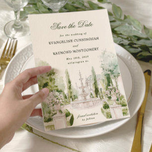 Reserva La Fecha Elegante Boda de Jardín de Mansión con Acuarela