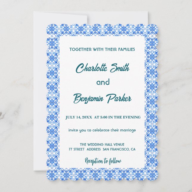 Reserva La Fecha Elegante boda de la chinoiserie Blue Flower (Anverso)