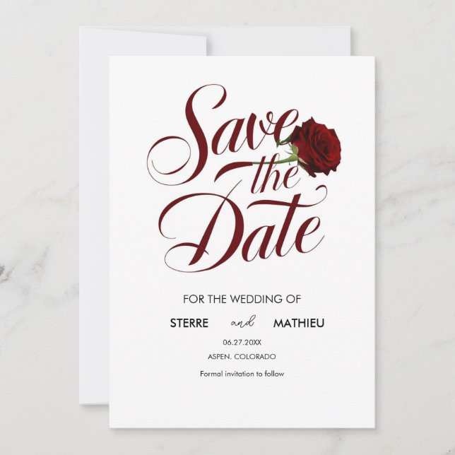 Reserva La Fecha Elegante Boda de la Rosa Roja Script (Anverso)