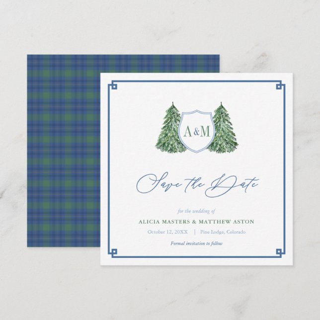 Reserva La Fecha Elegante Boda de la selva invernal Monogram Tartán (Anverso / Reverso)