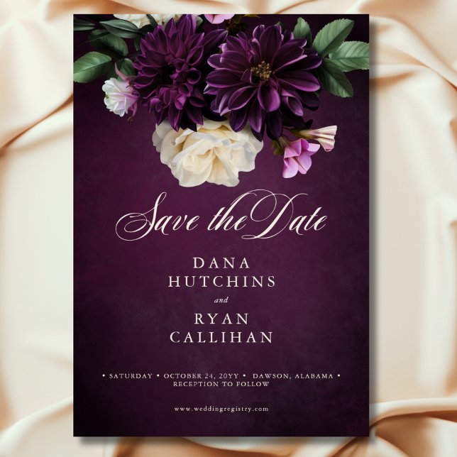 Reserva La Fecha Elegante Boda de Lavanda y escritura floral de Bor (Elegant Lavender & Burgundy Floral Script Wedding Save the Date)