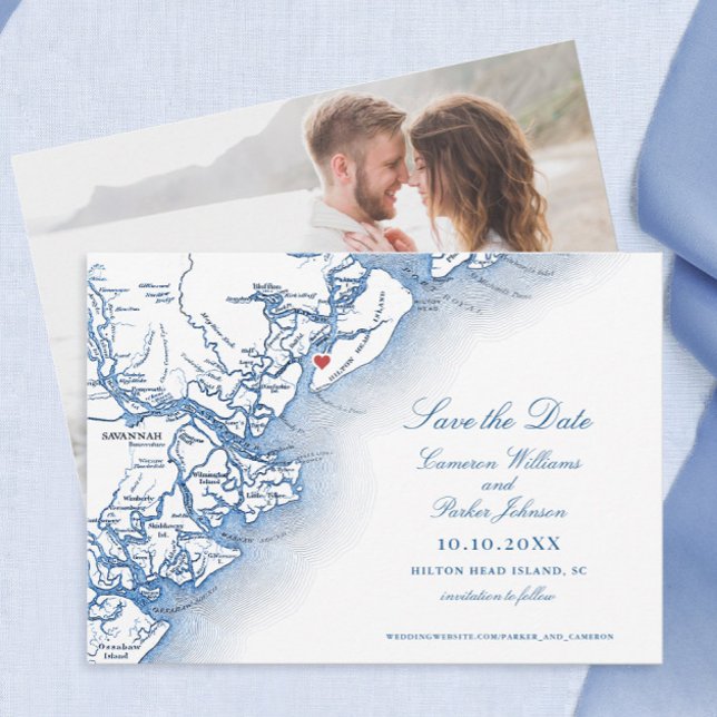 Reserva La Fecha Elegante Boda de Mapa de Hilton Head South Carolin (Elegant Hilton Head Island SC map Save the dates for a navy blue wedding at Harbour Town Yacht Club)