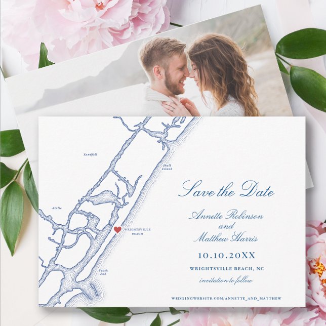 Reserva La Fecha Elegante Boda de Mapa de Wrightsville Beach NC (Wrightsville Beach Wedding Save the Date with elegant navy blue North Carolina Map and photo back)