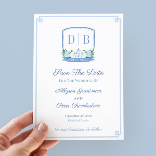 Reserva La Fecha Elegante Boda de Monograma Chinoiserie (Chinoiserie chic hand-painted blue and white monogram wedding crest save the date)