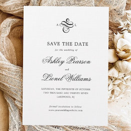 Reserva La Fecha Elegante Boda de monograma clásico de escritura fo