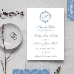 Reserva La Fecha Elegante Boda de Monograma Toile Azul Vintage