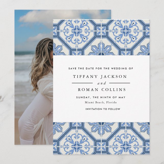 Reserva La Fecha Elegante Boda de mosaico griego azul (Anverso / Reverso)