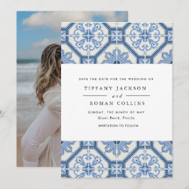 Reserva La Fecha Elegante Boda de mosaico griego azul