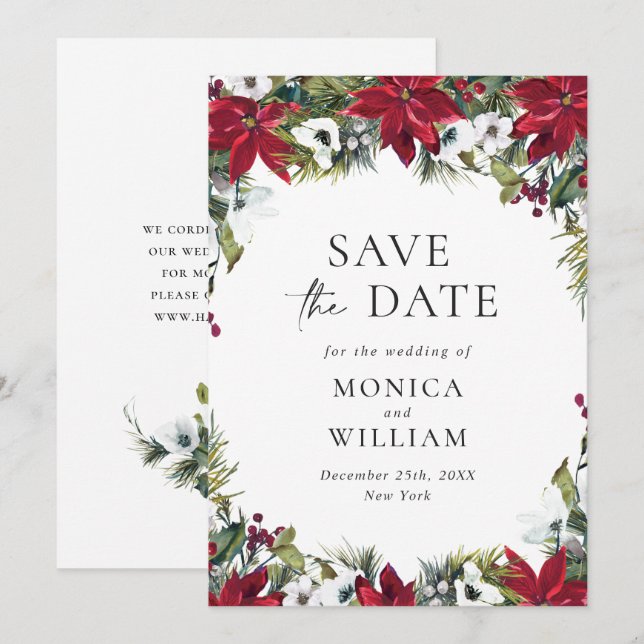Reserva La Fecha Elegante Boda de Navidades de la Poinsettia Roja (Anverso / Reverso)