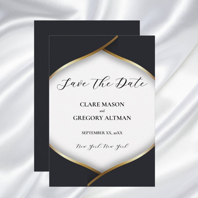 Reserva La Fecha Elegante Boda de oro blanco negro (Elegant Black White Gold Wedding Save The Date Card)