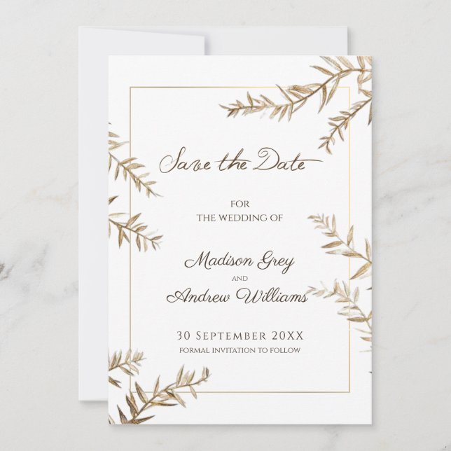 Reserva La Fecha Elegante Boda de Otoño con Follaje Marrón (Anverso)