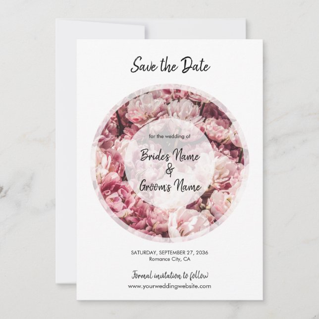 Reserva La Fecha Elegante Boda De Peonies Rosados Salva La Fecha (Anverso)