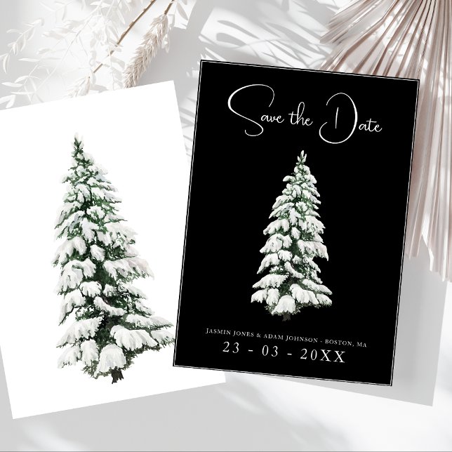 Reserva La Fecha Elegante Boda de Pino Nevado Negro (Winter Black and White Snowy Pine Tree Wedding Save The Date)
