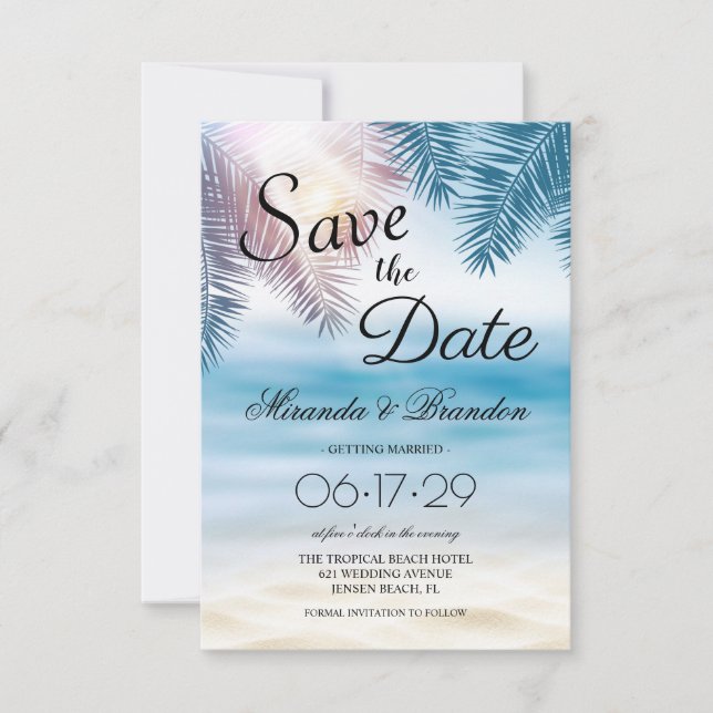 Reserva La Fecha Elegante Boda de Playa de Verano del Océano Tropic (Anverso)