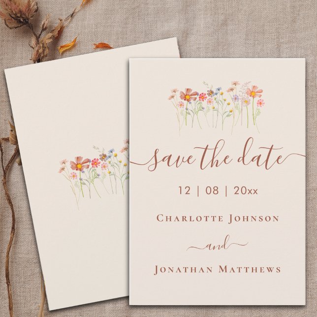 Reserva La Fecha Elegante Boda de Pradera de Flores Silvestres Boho (Wildflower boho garden meadow watercolor floral beige brown terracotta Wedding invitation)