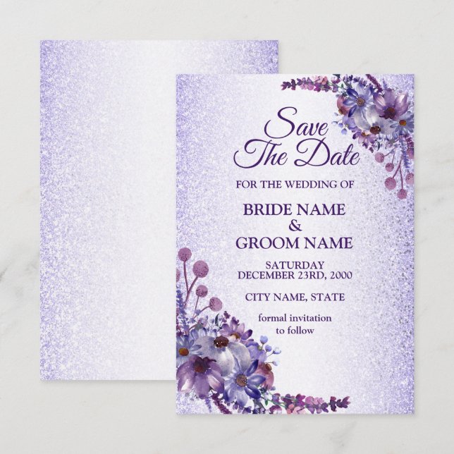 Reserva La Fecha Elegante Boda de Purpurina floral rosa azul morado (Anverso / Reverso)