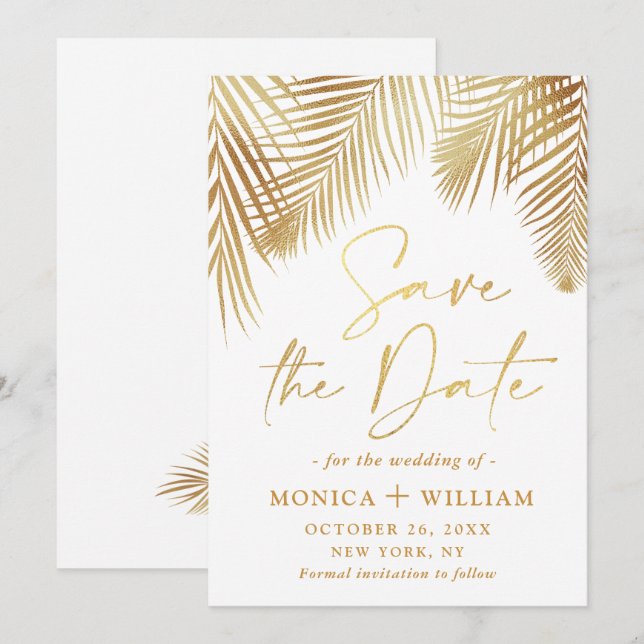 Reserva La Fecha Elegante Boda de Rama de Palm Dorada (Anverso / Reverso)