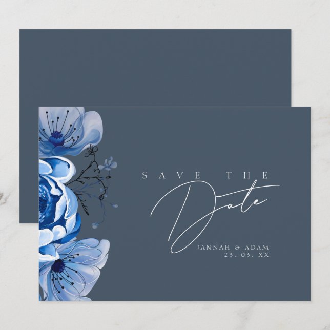 Reserva La Fecha Elegante Boda de Rosas florales Royal Blue Opulenc (Anverso / Reverso)